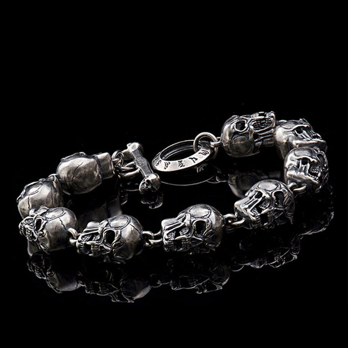 Men's Real Solid 925 Sterling Silver Bracelets Skulls Om Mani Padme Hum Punk Jewelry 9.1"