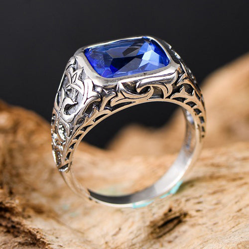 Real Solid 925 Sterling Silver Ring Vintage Retro Blue Crystal Punk Jewelry Size 8 9 10 11 12