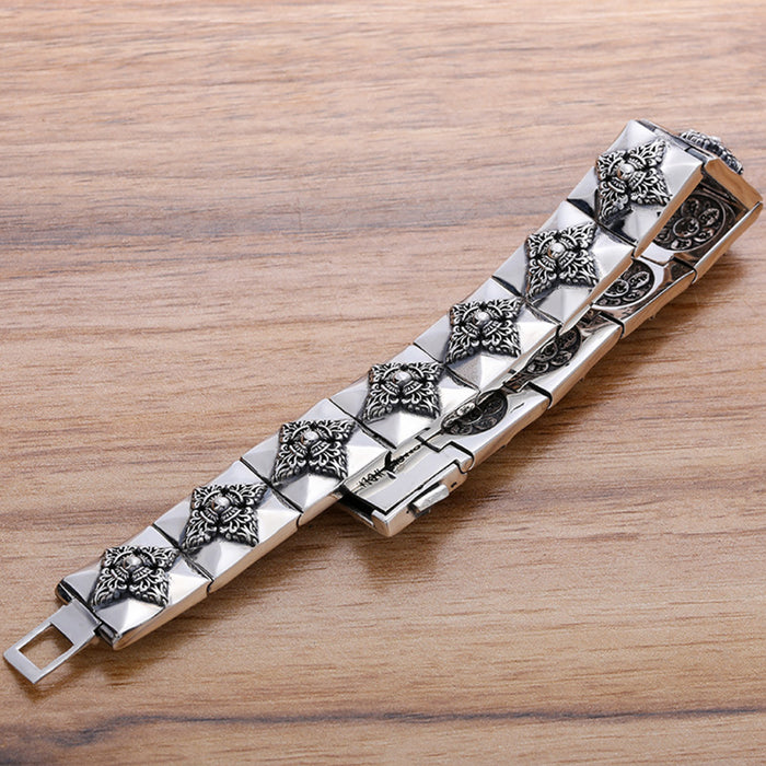 Real Solid 925 Sterling Silver Bracelet Vajra Cross Om Mani Padme Hum Punk Jewelry 7.9"