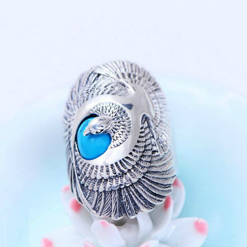 Real 925 Sterling Silver Ring eagle wings Turquoise Men's Size 8 9 10 11