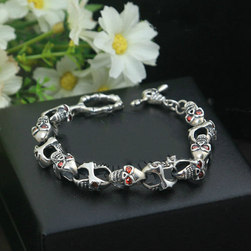 Real Solid 925 Sterling Silver Bracelet Link Chain Skulls Cubic Zirconia Punk Jewelry 7.5"
