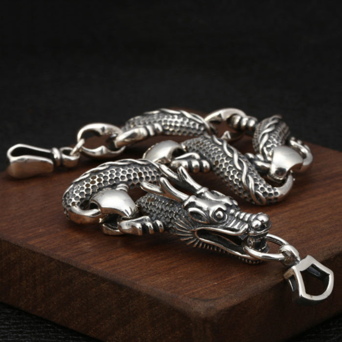 Real Solid 925 Sterling Silver Bracelets Link Whole Dragon Animals Hook Punk Jewelry 9.1"