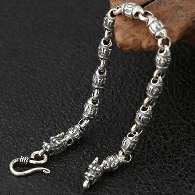 Real Solid 925 Sterling Silver Bracelet  Link Om Mani Padme Hum Barrel Bead Dragon Animals Jewelry