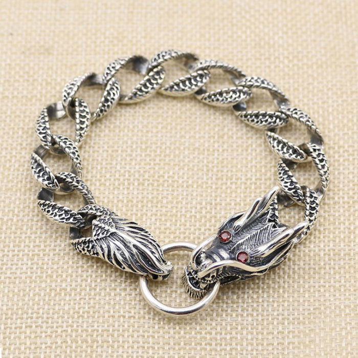 Real Solid 925 Sterling Silver Bracelet Cuban Link Chain Dragon Animals Punk Jewelry 7.09" - 9.45"
