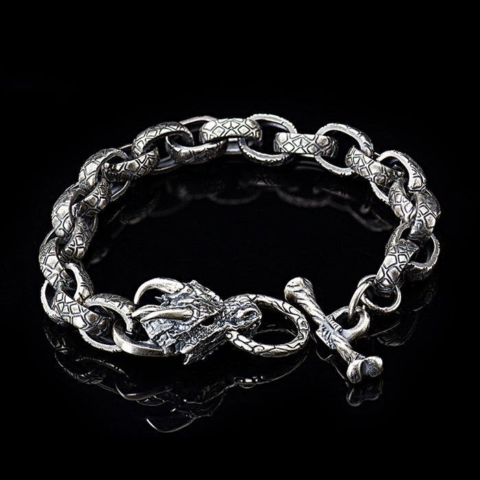 Real Solid 925 Sterling Silver Bracelets Animals Dragon Head Oval Loop OT-Buckle Punk Jewelry 8.5"