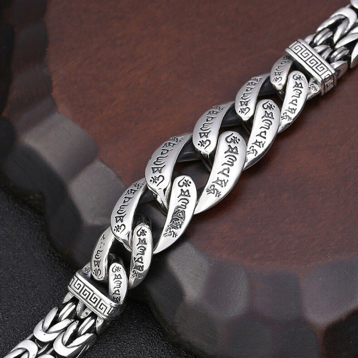 Real Solid 925 Sterling Silver Bracelet Om Mani Padme Hum Cuban Link Chain Jewelry 7.9"