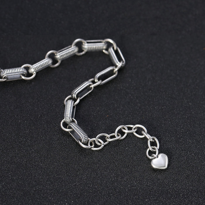Real Solid 925 Sterling Silver Bracelet Round Link Heart Punk Jewelry 8.7"