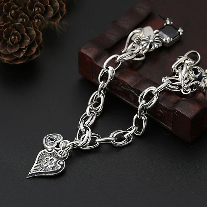 Real Solid 925 Sterling Silver CZ Inlay Bracelet Charm Chain Pentagram Star Cross Punk Jewelry 7.1"