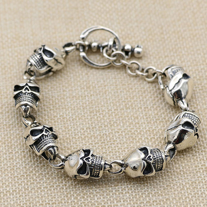 Real Solid 925 Sterling Silver Bracelet Link Chain Skulls Punk Jewelry 8.6"