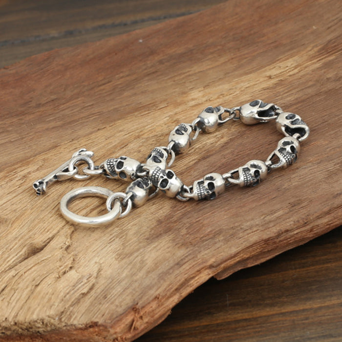 Heavy Men's Solid 925 Sterling Silver Bracelet Link Chain Skulls Punk Jewelry 8.7"