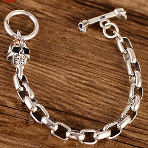 Real Solid 925 Sterling Silver Bracelet Link Skeletons Skulls Punk Jewelry 7.5"