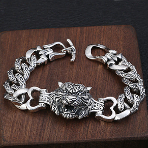 Real Solid 925 Sterling Silver Bracelet Cuban Link Chain Animals Tiger Punk Jewelry 7.9"
