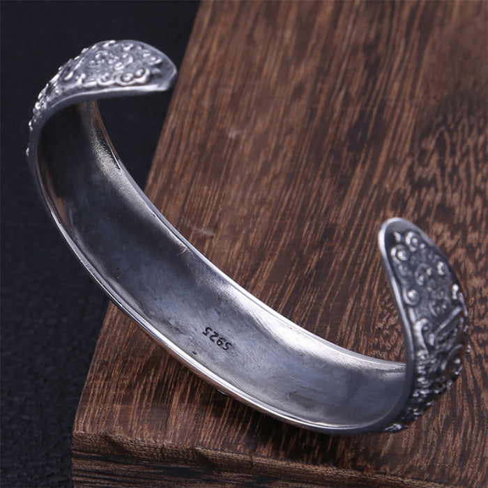 Real Solid 925 Sterling Silver Cuff Bracelet Bangle Wealth Mythical Beast Animals Punk Jewelry
