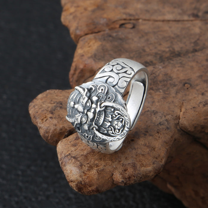 Real Solid 990 Sterling Silver Ring Dragon Lion Animals Punk Jewelry Open Size 7 8 9