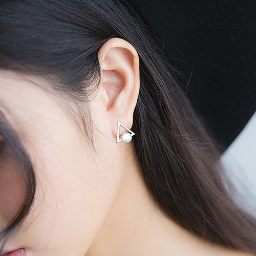 Genuine 925 Sterling Silver Ear Stud Earrings Triangle Freshwater Pearl Women's