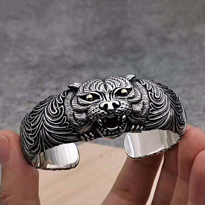 Men's Real Solid 925 Sterling Silver Cuff Bracelet Bangle Animals Tiger Punk Jewelry