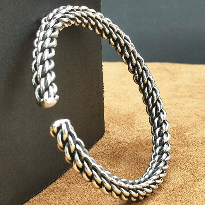 Real Solid 990 Sterling Pure Silver Cuff Bracelet Bangle Twist Braided Punk Jewelry