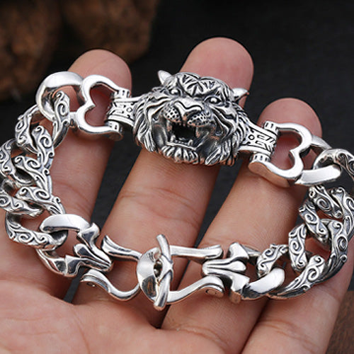 Real Solid 925 Sterling Silver Bracelet Cuban Link Chain Animals Tiger Punk Jewelry 7.9"