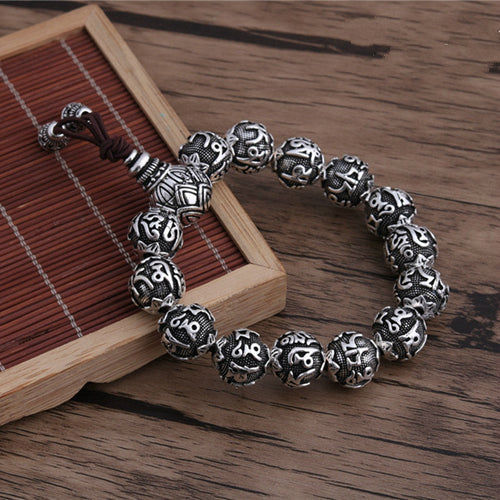 Real Solid 990 Sterling Silver Bracelet Buddha Beads Lection Elastic Luck Jewelry 4.8" - 10"