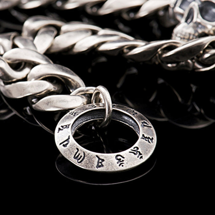 Real Solid 925 Sterling Silver Bracelets Skulls Cuban Link Chain Om Mani Padme Hum Jewelry 8.7"