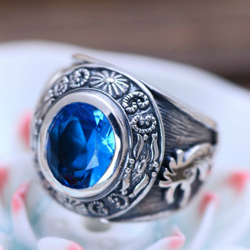 Real 925 Sterling Silver Ring Blue Crystal Vintage Men's Size 8 9 10 11 12