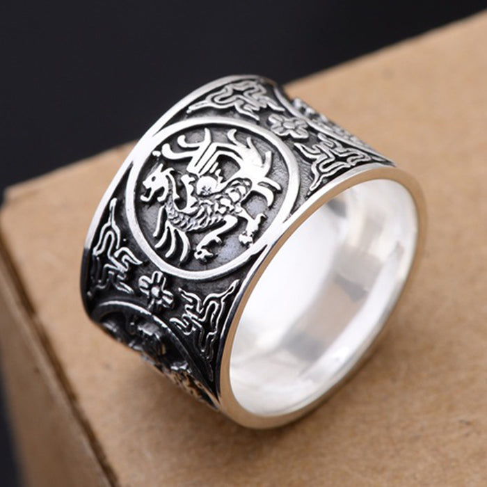 Real Solid 990 Fine Silver Ring Animals Dragon Tiger Rosefinch Tortoise Punk Jewelry Size 6 to 14