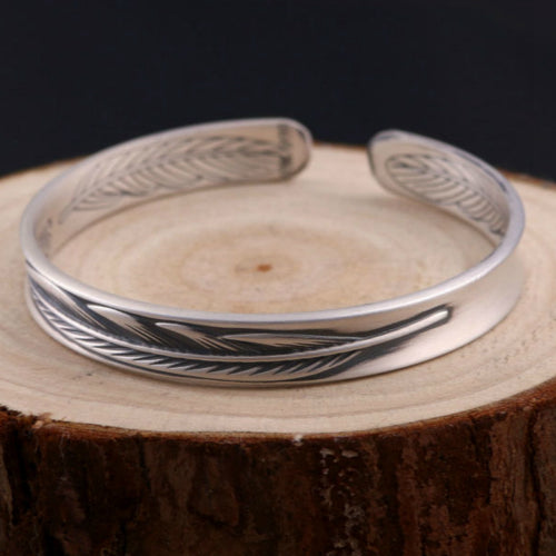 Real Solid 990 Sterling Silver Cuff Bracelet Bangle Love Feather Matte Punk Jewelry