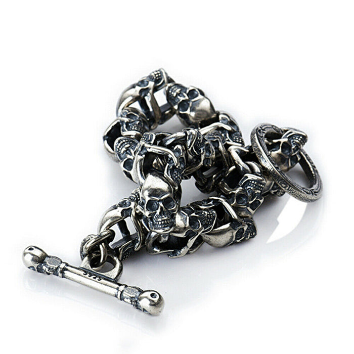 Men's Real Solid 925 Sterling Silver Bracelets Skulls Link OT-Buckle Punk Jewelry 8.5"