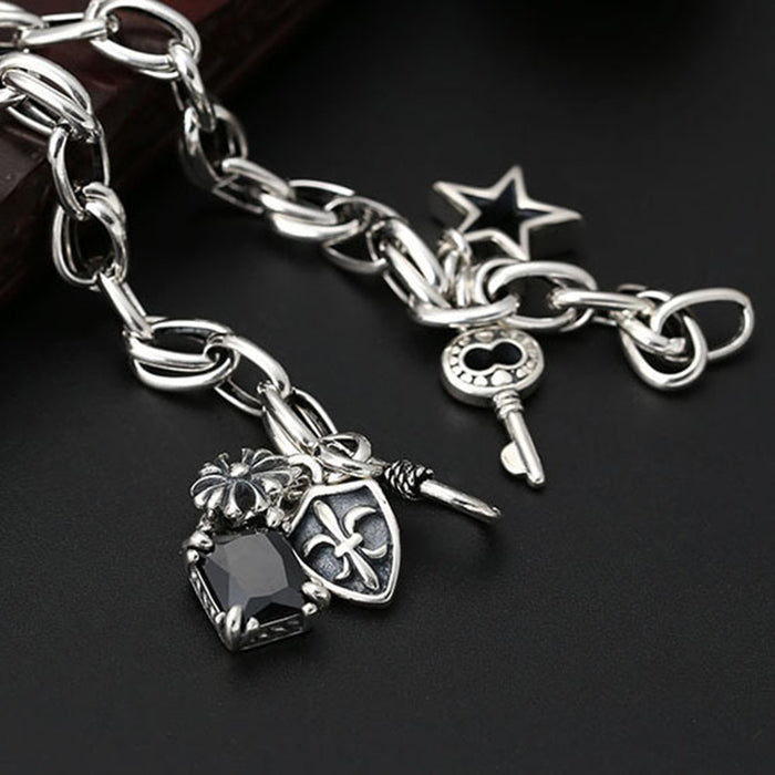 Real Solid 925 Sterling Silver CZ Inlay Bracelet Charm Chain Pentagram Star Cross Punk Jewelry 7.1"