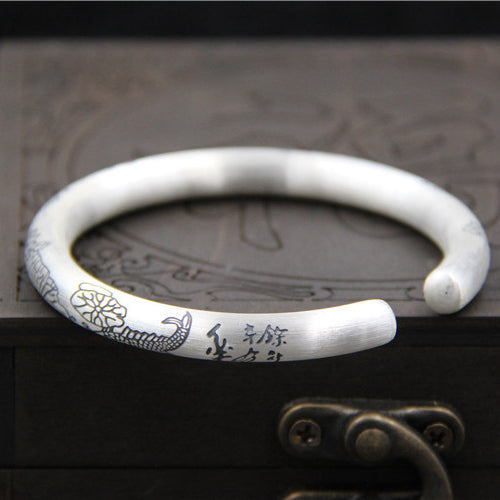 Real Solid 999 Pure Silver Cuff Bracelet Bangle Animals Fish Lotus Flowers Fashion Jewelry