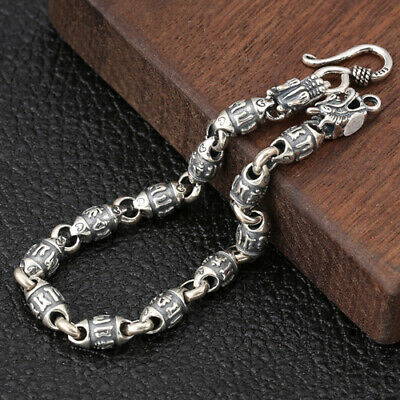 Real Solid 925 Sterling Silver Bracelet  Link Om Mani Padme Hum Barrel Bead Dragon Animals Jewelry