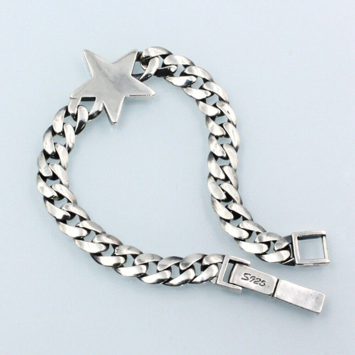 Real Solid 925 Sterling Silver Bracelets Cuban Link Chain Star Pentagram Jewelry 8.7"