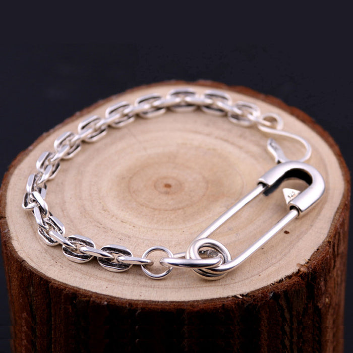 Real Solid 925 Sterling Silver Bracelets Oval Link Chain Pin Fashion Jewelry