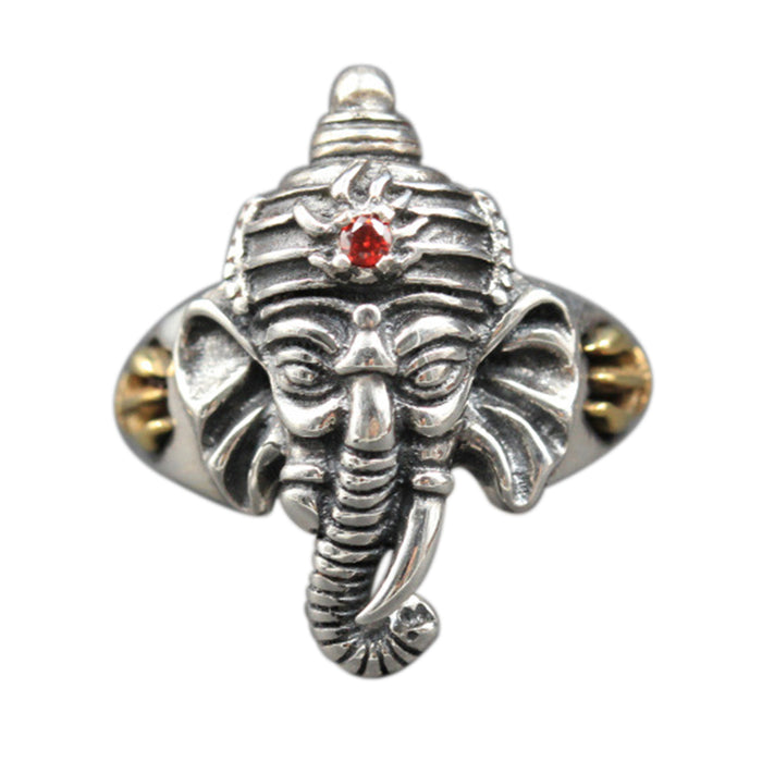 Real Solid 925 Sterling Silver Ring Animals Elephant Ganesha Red Corundum Jewelry Open Size 8-11