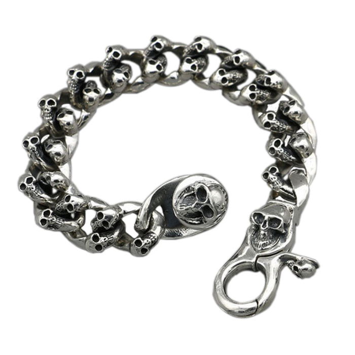Real Solid 925 Sterling Silver Bracelets Cuban Link Chain Skeletons Skulls Huge Heavy Jewelry 7.9"