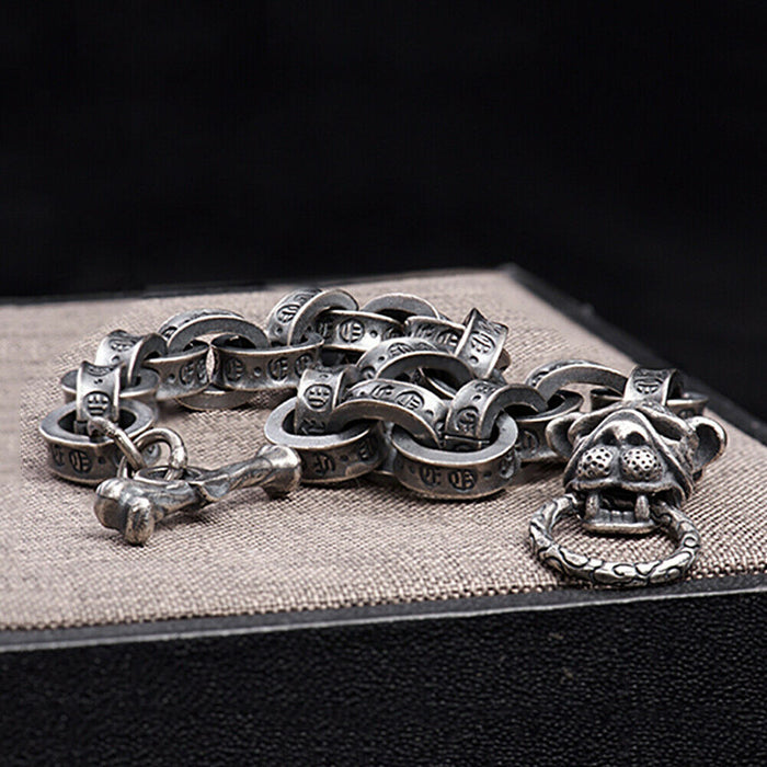 Men's Real Solid 925 Sterling Silver Bracelets Animals Bulldog Oval Loop OT-Buckle Punk Jewelry 8.9"