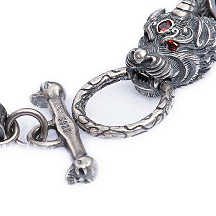 Real Solid 925 Sterling Silver Bracelets Animals Dragon Om Mani Padme Hum Oval Chain Jewelry 8.7"