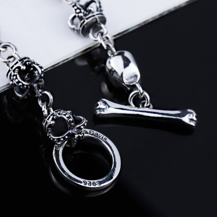 Real Solid 925 Sterling Silver Bracelet Skulls Crown OT-Buckle Punk Jewelry 7.1"