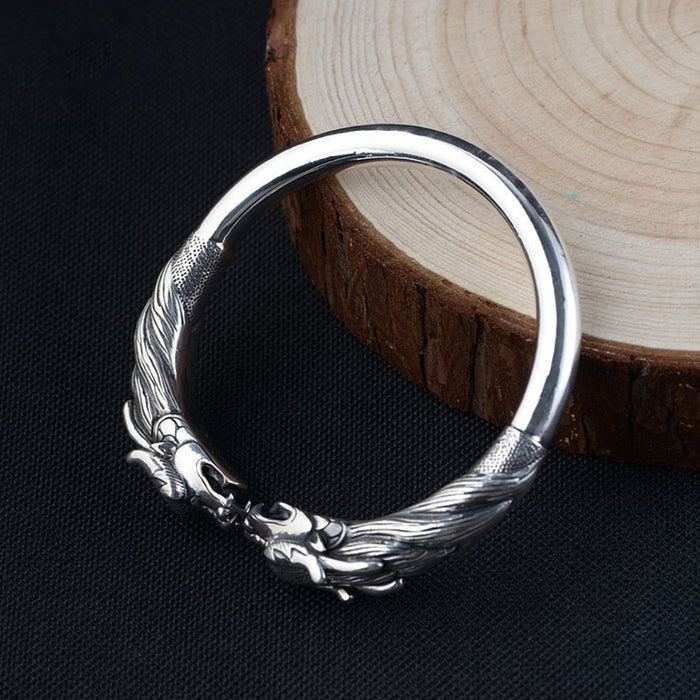 Men's Real Solid 990 Sterling Silver Cuff Bracelet Bangle Dragon Animal Polished Punk Jewelry