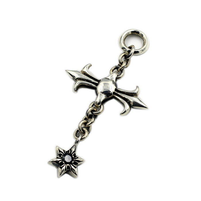 Real Solid 925 Sterling Silver Pendants Cross Tassel Six-Pointed Star CZ Inlay