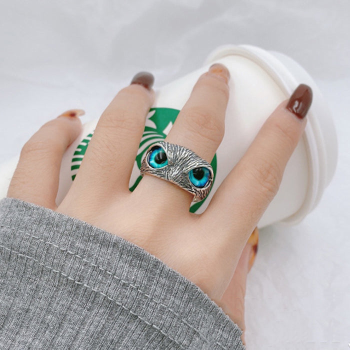 Real Solid 925 Sterling Silver Ring Animals Owl Gemstone Punk Jewelry Open Size 7-9