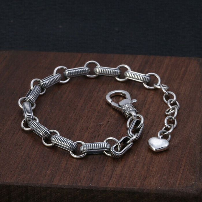 Real Solid 925 Sterling Silver Bracelet Oval Link Chain Loop Heart Punk Jewelry