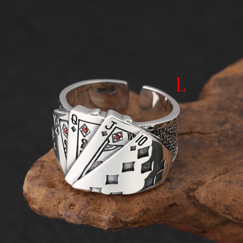 Real Solid 925 Sterling Silver Ring Playing Cards Poker Games Hip Hop Jewelry Open Size 7 - 12