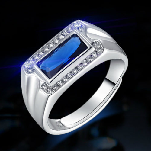 Men's 925 Sterling Silver Ring Synthetic Sapphire Zircon Adjustable Size 7 to 12