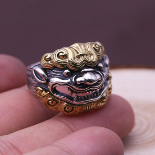 Real Solid 925 Sterling Silver Ring Auspicious Animals Punk Luck Jewelry Open Size 8 9 10 11 12