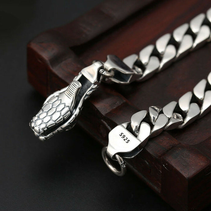 Real Solid 925 Sterling Silver Bracelet Jewelry Snake Animals Cuban Link Chain 7.9"