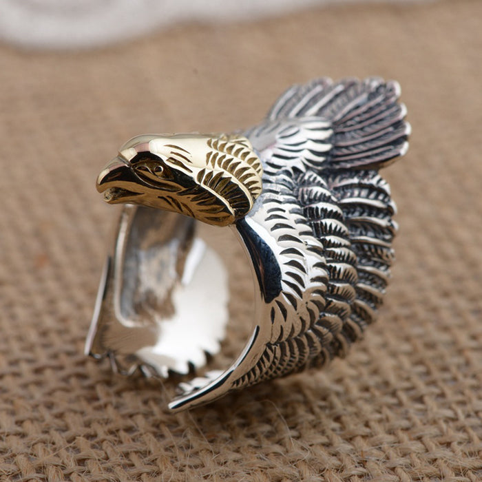 Real Solid 925 Sterling Silver Ring Animals Gold Eagle Punk Jewelry Adjustable Size 8 9 10 11