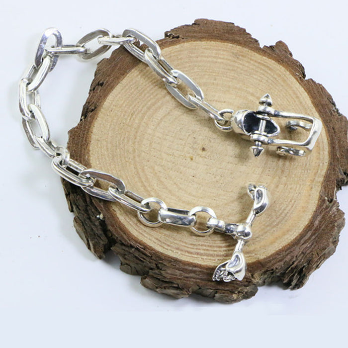 Men's Solid 925 Sterling Silver Bracelet Link Skeletons Skulls Loop Chain Jewelry
