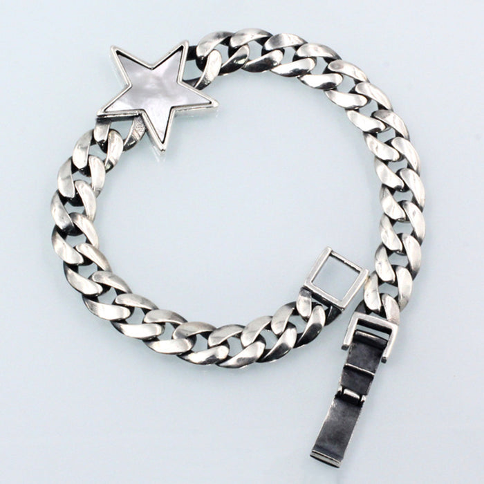 Real Solid 925 Sterling Silver Bracelets Cuban Link Chain Star Pentagram Jewelry 8.7"