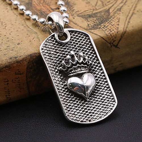 Solid 925 Sterling Silver Pendant Crown Heart Dog Tag Jewelry
